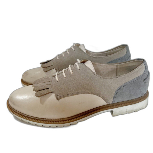 Clarks Griffin Mabel Cream Taupe Leather Suede Women's Oxfords Fringe Size 9 - Picture 7 of 8